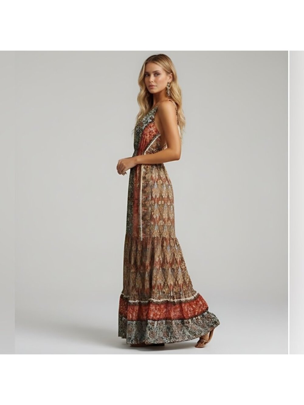 Boho Floral Print Backless Tie Shoulder Ruffle Hem Cami Dress - Picture 5 of 11